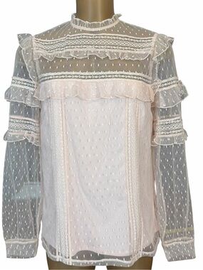 Express Sheer Detail Swiss Dot Ruffle Mock Neck Blouse Size S Victorian Romantic